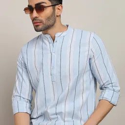 HERE&NOW Striped Mandarin Collar Pure Cotton Short Kurta-picture-32