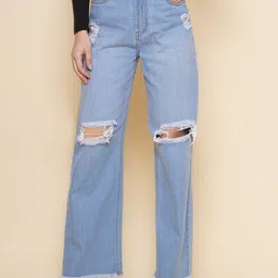 PUELLA Women Straight Fit High-Rise Slash Knee Light Fade Jeans-picture-3