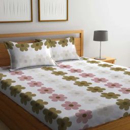 Klotthe Printed White & Cream 300 TC Cotton Blend King Bed Sheet with 2 Pillow Covers-image-81