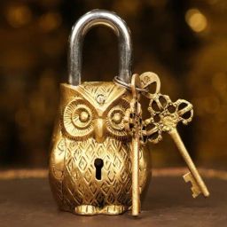 Ekaa Handicrafts Gold Brass Owl Lock with keys-image-5