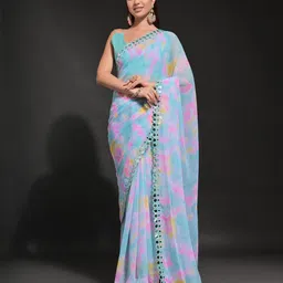 LeeliPeeri Designer Abstract Printed Mirror Work Embroidered Saree-20