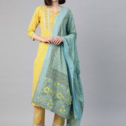 Sasimo Women Yellow & Blue Floral Printed Sequinned Cotton Kurta with Trousers & Dupatta-image-9