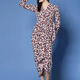 Melon by PlusS Maroon & White Floral Print Wrap Dress-image-95