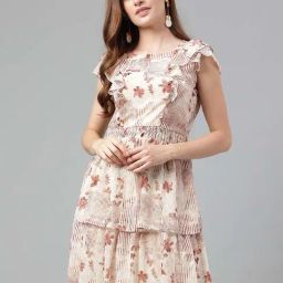 Latin Quarters Beige Floral Print A Line Dress-image-7