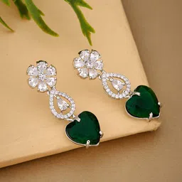 Atibelle Silver Plated & Green White Cubic Zirconia Stone Studded Dazzling Drop Earrings-7