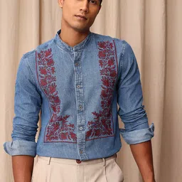 Mr Bowerbird Pure Cotton Tailored Fit Band Collar Floral Embroidered Chambray Casual Shirt-image-38