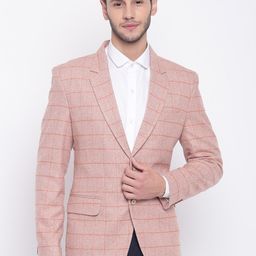PLATINUM Studio Peach-Coloured & Orange Checked Regular Fit Smart Casual Blazer-image-61