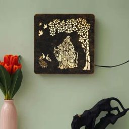 eCraftIndia Black Wood Radha Krishna Under A Tree Carved Wall Lamp-16