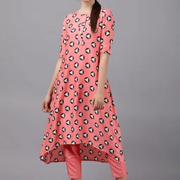 Vishudh Women Coral Pink Printed Asymmetric A-Line Kurta-image-76