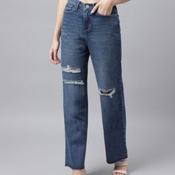 Xpose Women Comfort Wide Leg High-Rise Mildly Distressed Light Fade Jeans-image-96