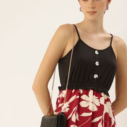 bebe Floral Printed Shoulder Straps Gathered Detail A-Line Dress-image-85