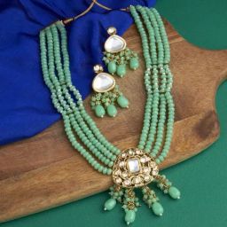 Zaveri Pearls Green Multistrand Beaded Traditional Kundan Necklace & Earring Set-ZPFK13542-image-4