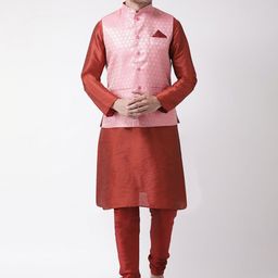 DEYANN Men Red & Pink Dupion Silk Kurta Set-23