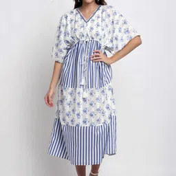 BLANC9 Women White & Blue Floral Midi Dress-image-47