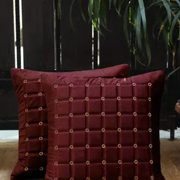 HOSTA HOMES Set Of 2 Maroon & Gold-Toned Checked Velvet Square Cushion Covers-13