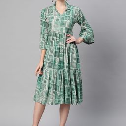 Indibelle Bohemian Print Bell Sleeve A-Line Midi Dress-20