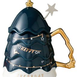 Little Surprise Box Merry Christmas Ceramic Tree Style Cup With Matching Ceramic Lid And Embellished Spoon Blue - 330 ml-image-58
