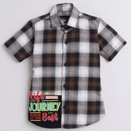 Polka Tots Half Sleeve Tartan Checked & Life Is Journey Printed Shirt - Blue & Black-image-4