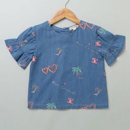 Sweetlime by A.S  Half Frill Sleeves Organic Cotton Beach  Theme & Heart Embroidered Top - Blue-image-79