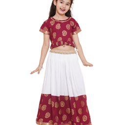 AJ Dezines Girls Short Sleeve Crop Choli With Lehenga - Maroon-picture-26