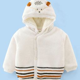 Babyhug Knitted Full Sleeves Hooded  Sweater With Teddy Applique - Offwhite-image-2