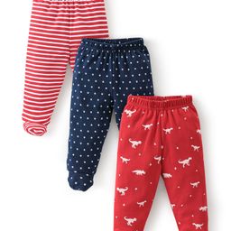 Babyhug Cotton Knit Footed Bootie Leggings Dino Printed Pack of 3 - Red & Navy Blue-image-75