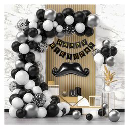 Bubble Trouble Birthday Decoration Items  Combo With Black  White & Silver Metallic Balloons Black Happy Birthday Banner & Moustache Black Foil Balloons Pack Of 56 Items-image-42