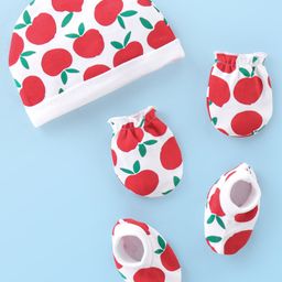 Babyhug 100% Cotton Cap Mittens & Booties With Apple Print - White-image-49