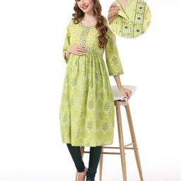 Bella Mama 100% Cotton Woven Three Fourth Sleeves Floral Printed Maternity Kurta with Highlighted Yoke  - Green-image-47