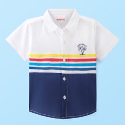 Babyhug Cotton Woven Half Sleeves Solid Color Shirt - White & Navy Blue-image-51