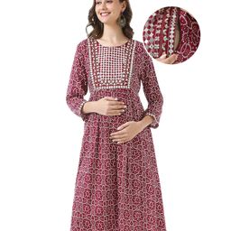 Bella Mama Woven Three Fourth Sleeves Bandhani Print With Highlight Yoke Maternity Kurta - Maroon-picture-28
