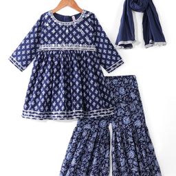 Babyhug Cambric Three Fourth Sleeves Kurti Sharara & Dupatta Set Floral Print with Embroidery Detailing - Indigo-image-29