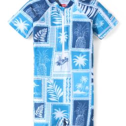 Babyhug Half Sleeves Water Repellent Two Way Stretch Legged Swimsuit with Tropical Print -  Blue-picture-11