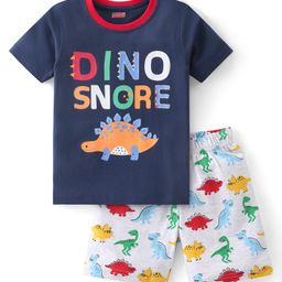 Babyhug Cotton Knit Half Sleeves Night Suit With Dino Print - Navy & White-17