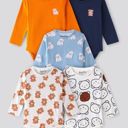Bonfino 100% Cotton Knit Full Sleeves Onesies Bear Print Pack Of 5 - Orange & Blue-picture-26