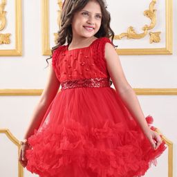 Mark & Mia Sleeveless Knee Length Ruffles and Frills Party Frock with Sequined & Pearl Detailing - Red-image-32