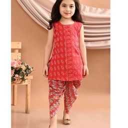 Kinder Kids Sleeveless Gota Lace Embellished & Abstract Printed Kurta With Dhoti - Red-image-93