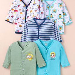 OHMS Single Jersey Knit Full Sleeves Front Open Vests with Stripes & Animal Print Pack of 5 - Blue White & Green-picture-11