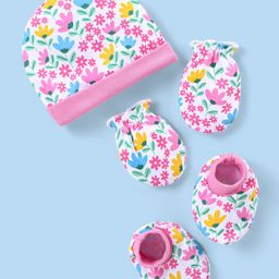 Babyhug 100% Cotton Knit Cap Mittens & Booties with Floral Print - Pink-picture-17