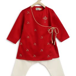 Tiber Taber Full Sleeves Ram Text Embroidered Angrakha Style  Kurta With Pyjama - Red-image-1