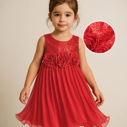Babyhug Woven Sleeveless Party Dress With Floral Applique & Sequinned Yoke - Red-image-71