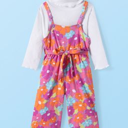 Babyhug Cotton Knit Floral Printed Jumpsuit With Full Sleeves T-Shirt - White & Lilac-image-118