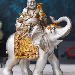 eCraftIndia Silver & Golden Laughing Buddha Statue Seating on Elephant Figurine-26