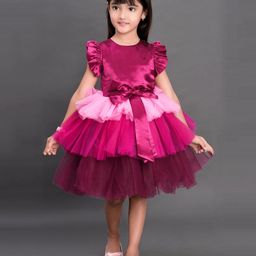 PinkChick Frill Sleeves Bow Applique Detailed & Colour Blocked Layered Dress - Burgundy-image-84