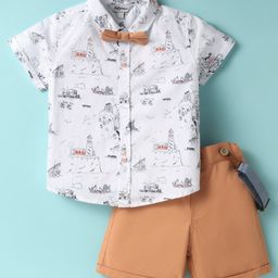 ToffyHouse Poplin Woven Half Sleeves Printed Shirt & Shorts With Bow & Suspender - White & Peach-image-90