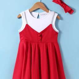 Doreme Single Jersey Knit Sleeveless Solid Frock with Headband - White & Red-image-7