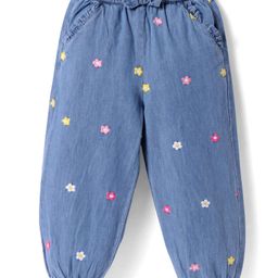 Babyhug Full Length Denim Jeans With Floral Embroidery & Bow Applique - Blue-picture-8
