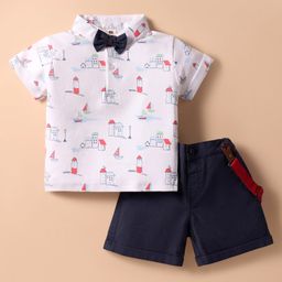 ToffyHouse Cotton Woven Half Sleeves Printed Shirt & Shorts Set With Bow & Suspender - White & Navy Blue-image-91