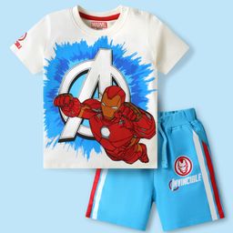 Babyhug Marvel Single Jersey Knit Half Sleeves T-Shirt & Shorts Set With Iron Man Graphics & Pocket Detailing - White & Light Blue-image-14