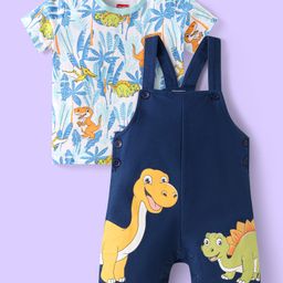 Babyhug Single Jersey Knit Half Sleeves T-Shirt & Dungaree with Dino Print - White & Navy Blue-image-86